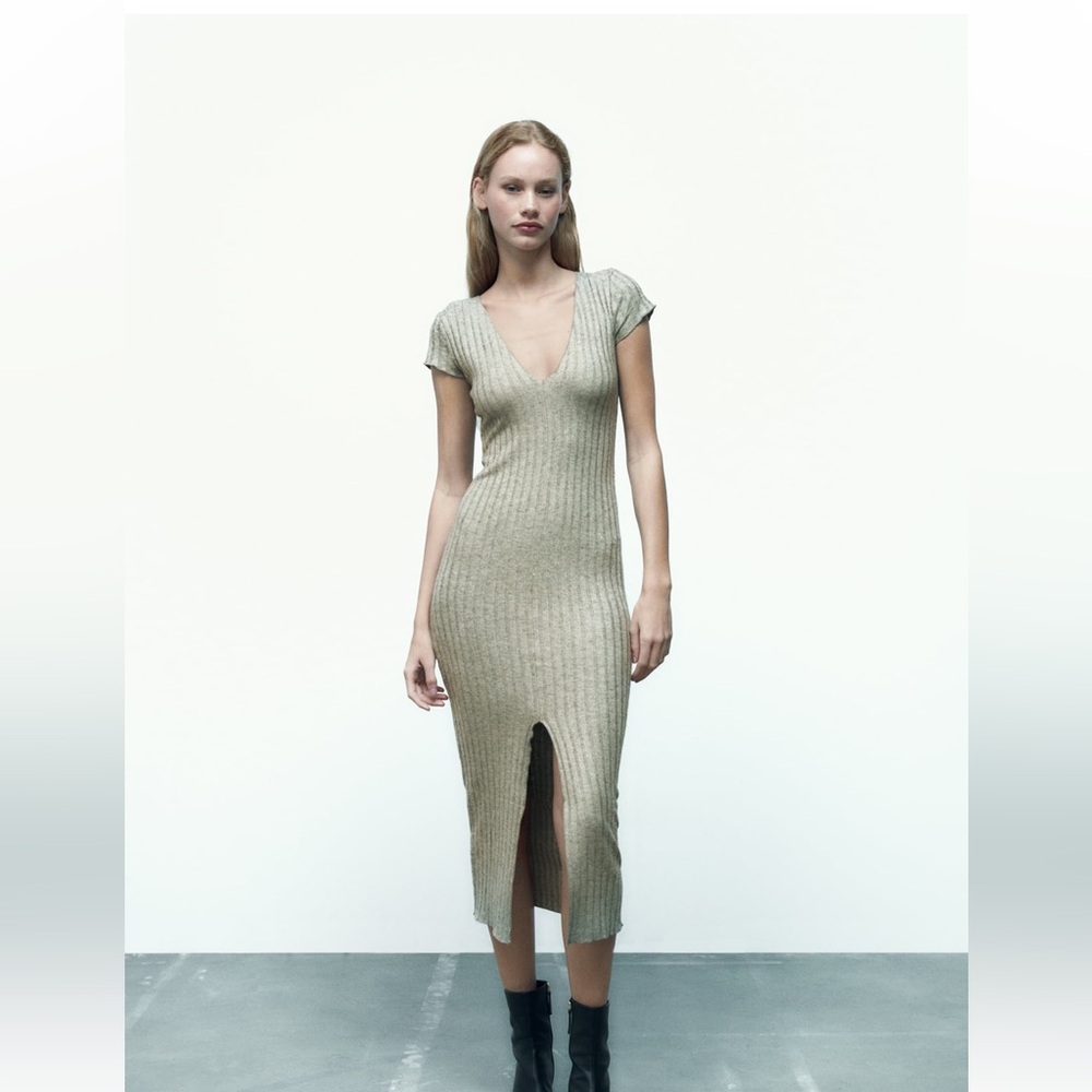 Zara taupe ribbed short sleeve dress